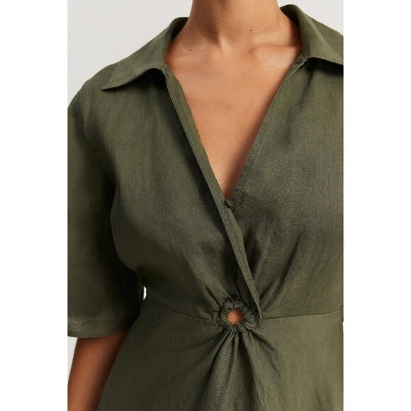 Country Road Womens Dress Size 14 Olive Cut Out Midi Elasticized Waist Collared - Picture 7 of 8